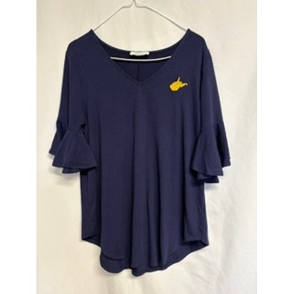 Zenana West‎ Virginia WVU Navy Blue Bell Sleeve V-Neck Top Large Mountaineers